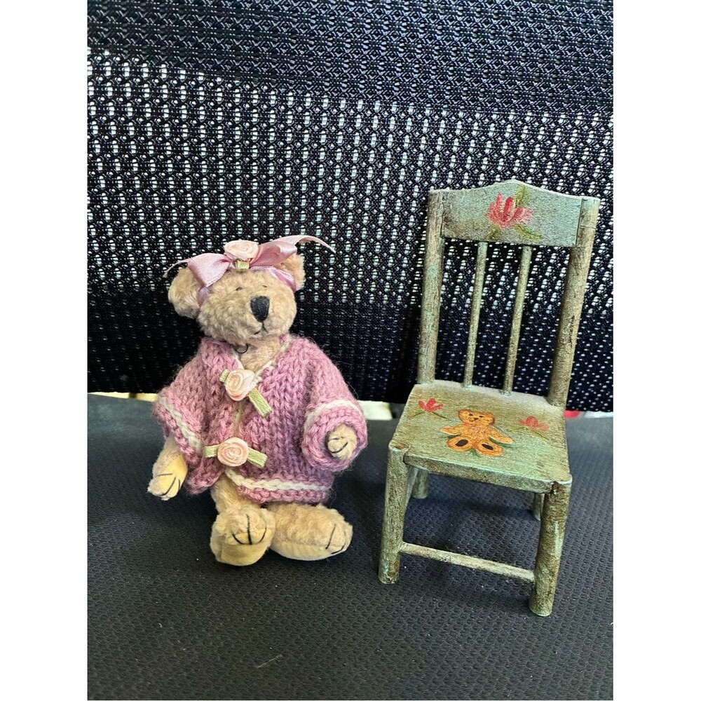 Bearington 4" Jointed Bear Emily Pink Sweater Roses Russ Bertie Miniature Chair